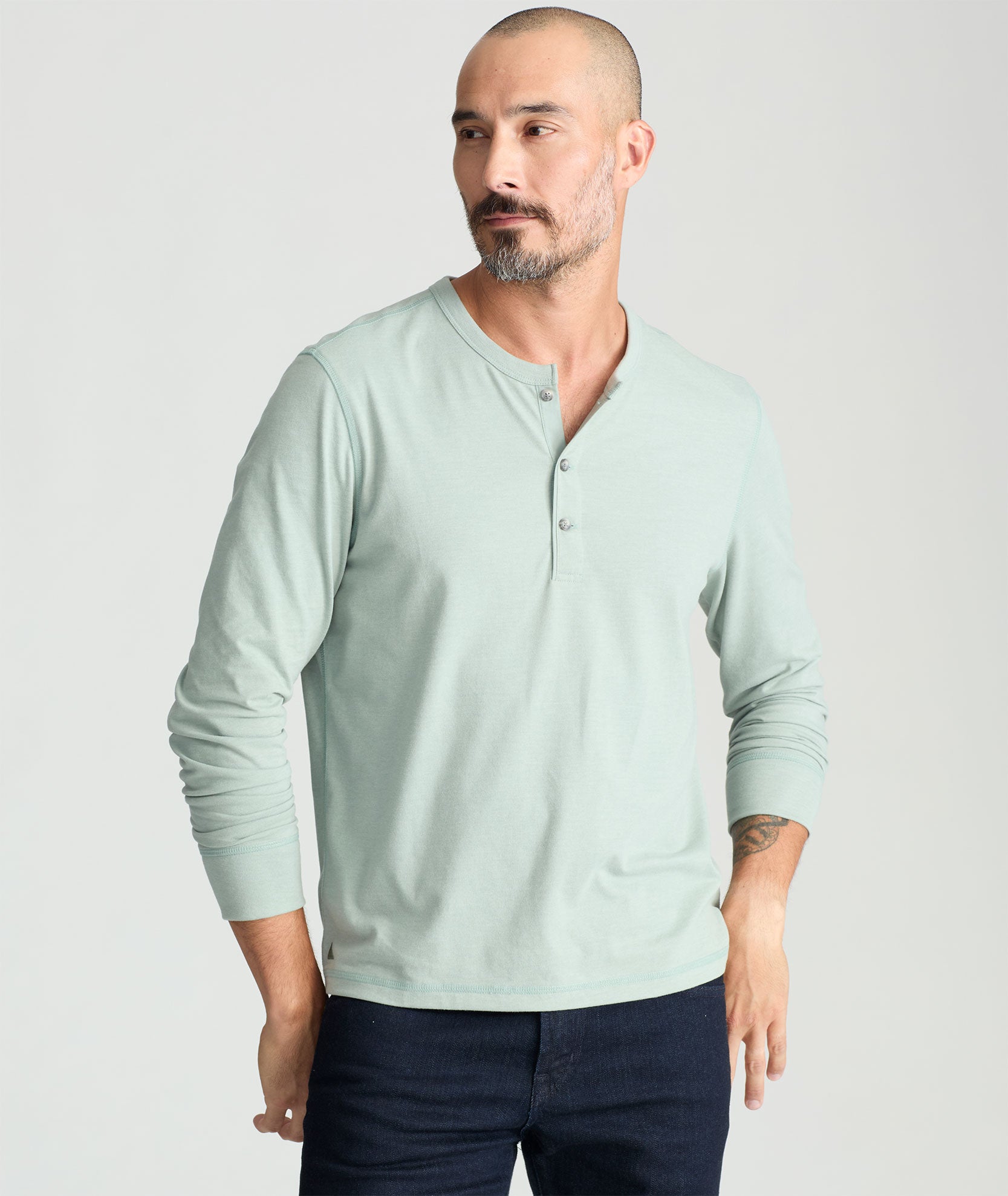 Model wearing a Slate Grey Ultrasoft Long-Sleeve Henley