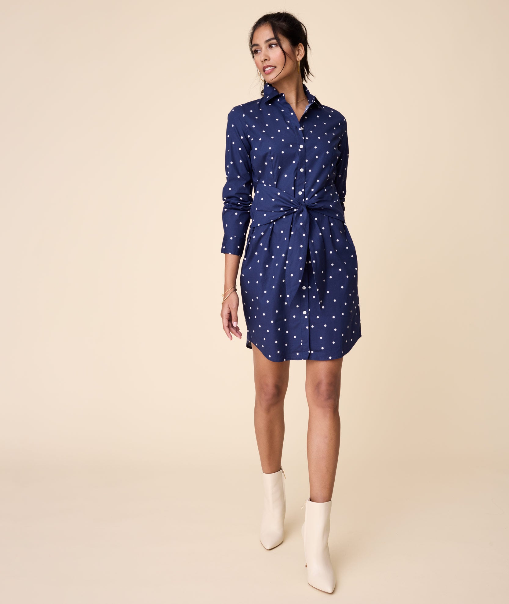 Model wearing an UNTUCKit Madeline Shirt Dress.