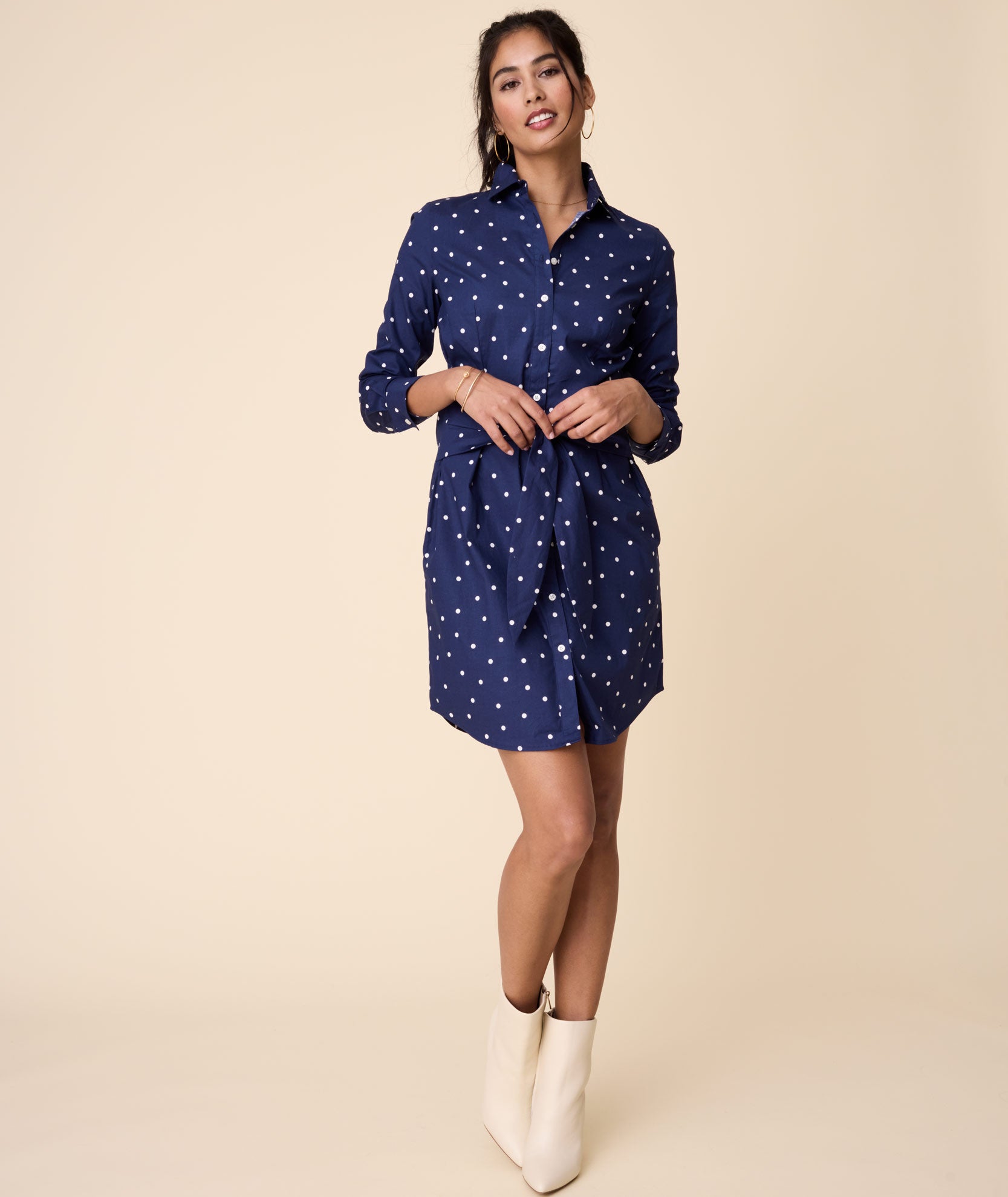 Model wearing an UNTUCKit Madeline Shirt Dress.