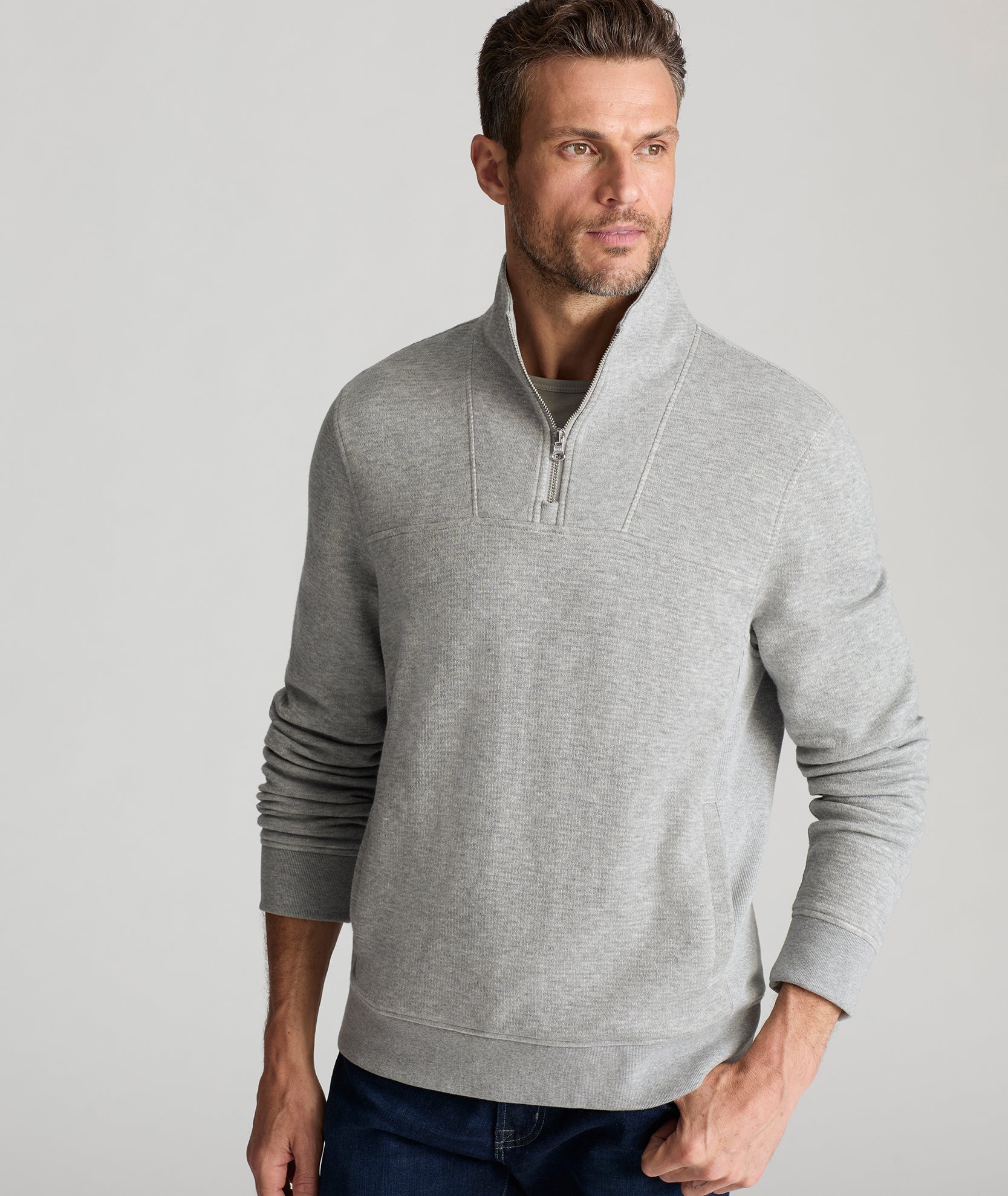 Model is wearing UNTUCKit Verzaro sweatshirt in gray.