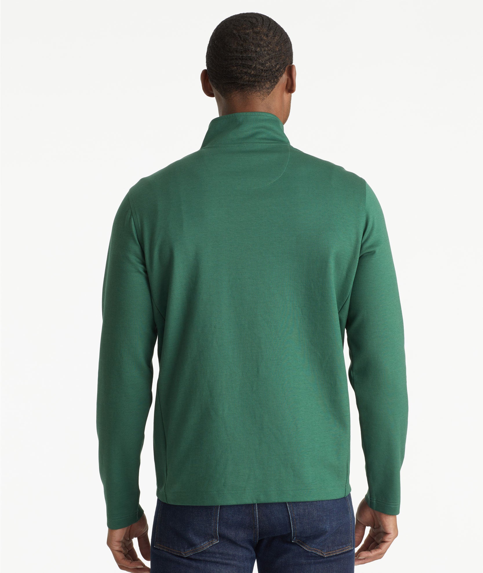 Model wearing an UNTUCKit Dark Green Wrinkle-Free Quarter-Zip