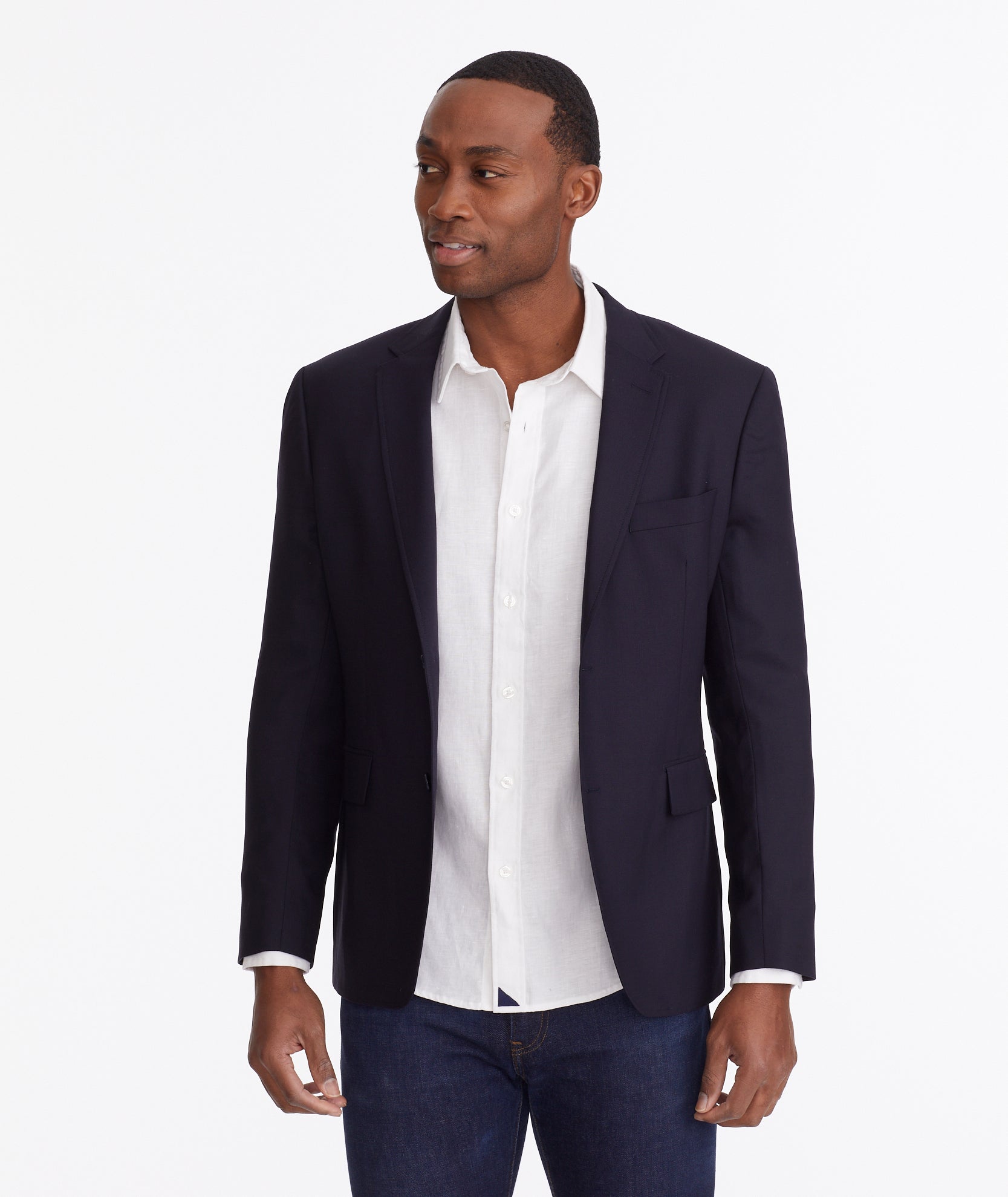 Model wearing a Navy Wrinkle-Resistant Palazzo Sport Coat