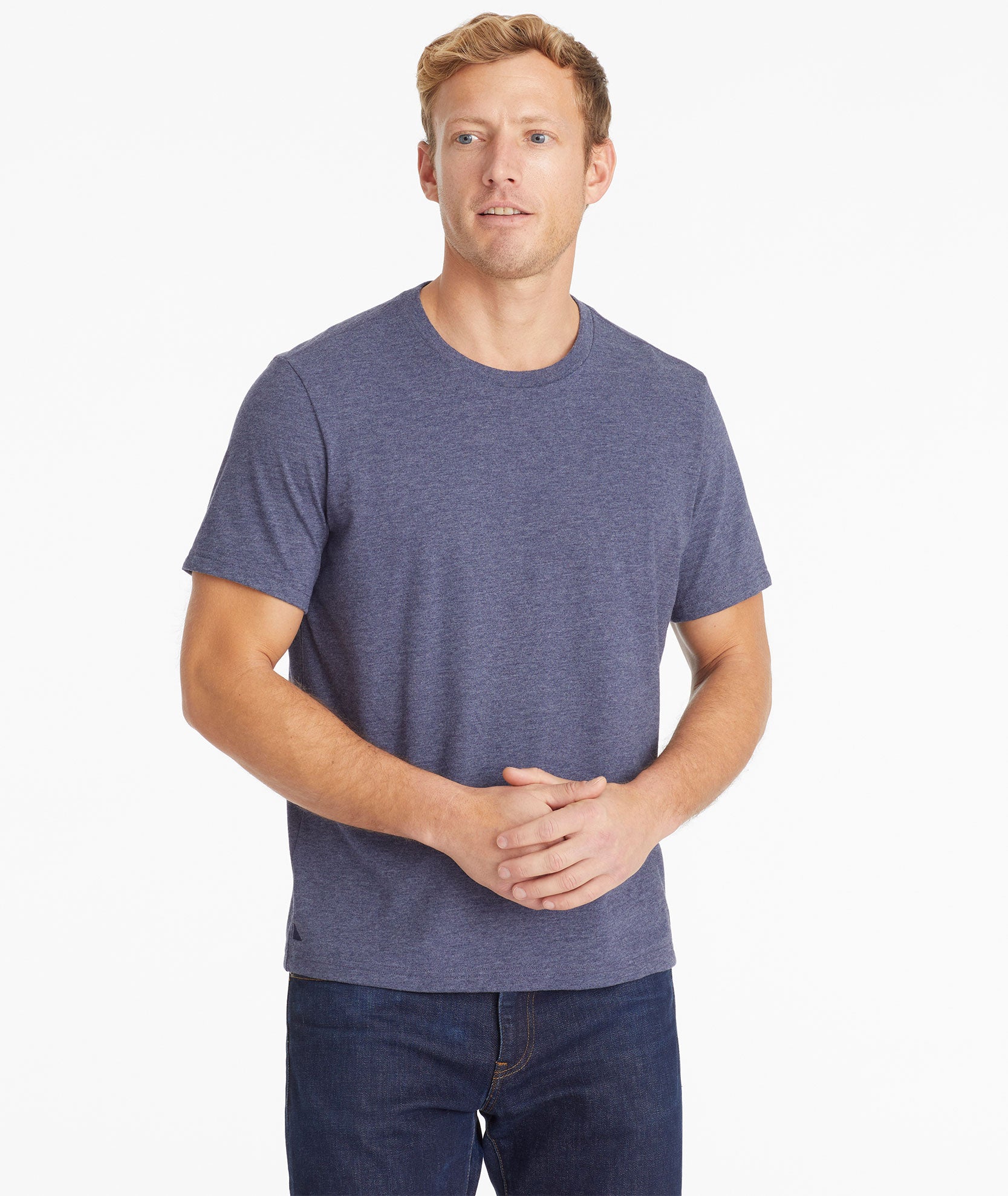 Model wearing an UNTUCKit True Navy Ultrasoft Tee