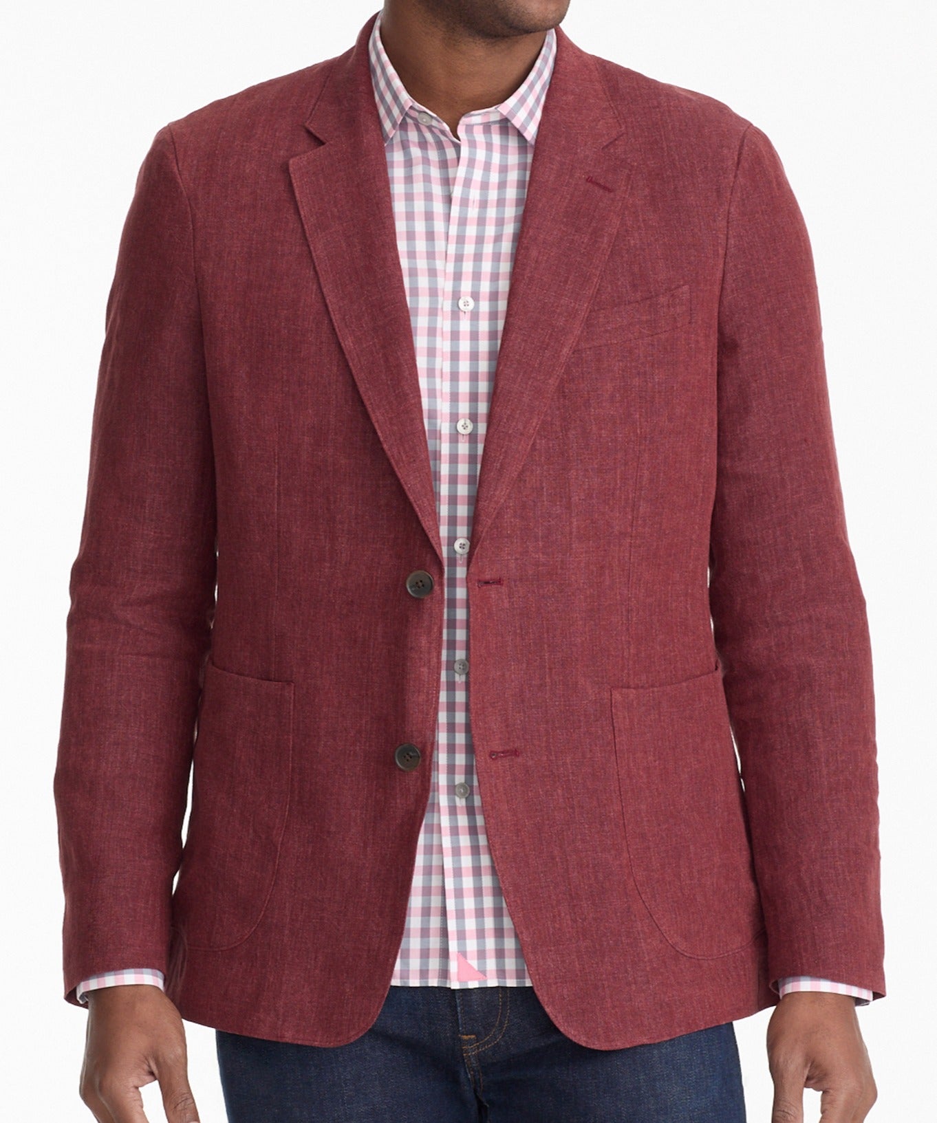 Model is wearing UNTUCKit crawford sport coat in solid red.