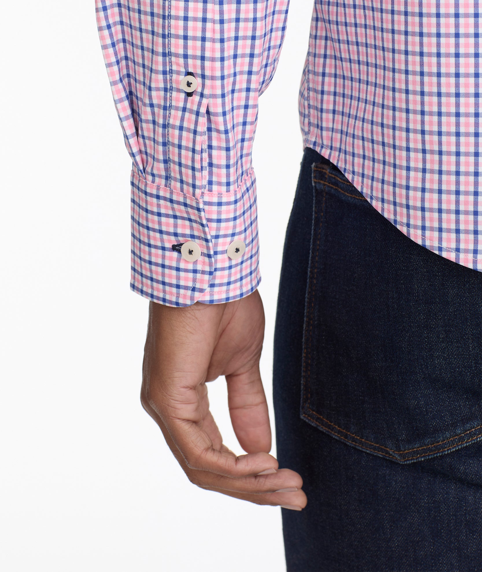 Model is wearing UNTUCKit Wrinkle-Free Performance Edwards Shirt.