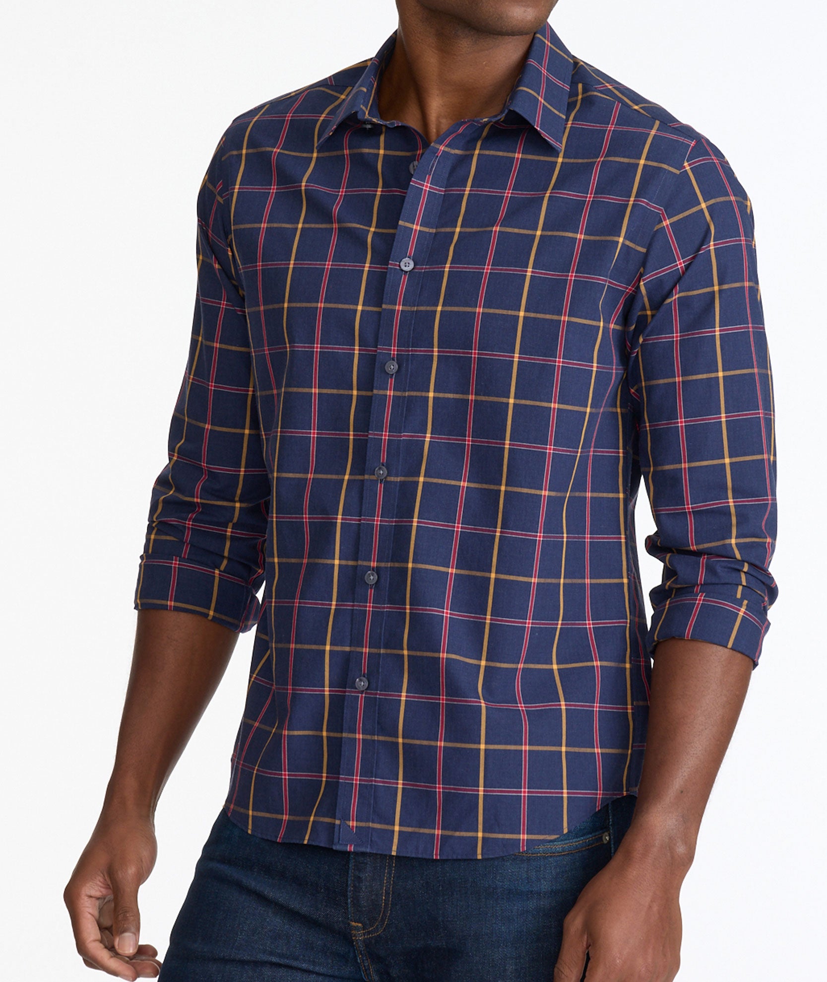 Model wearing a Navy Wrinkle-Free Georgio Shirt