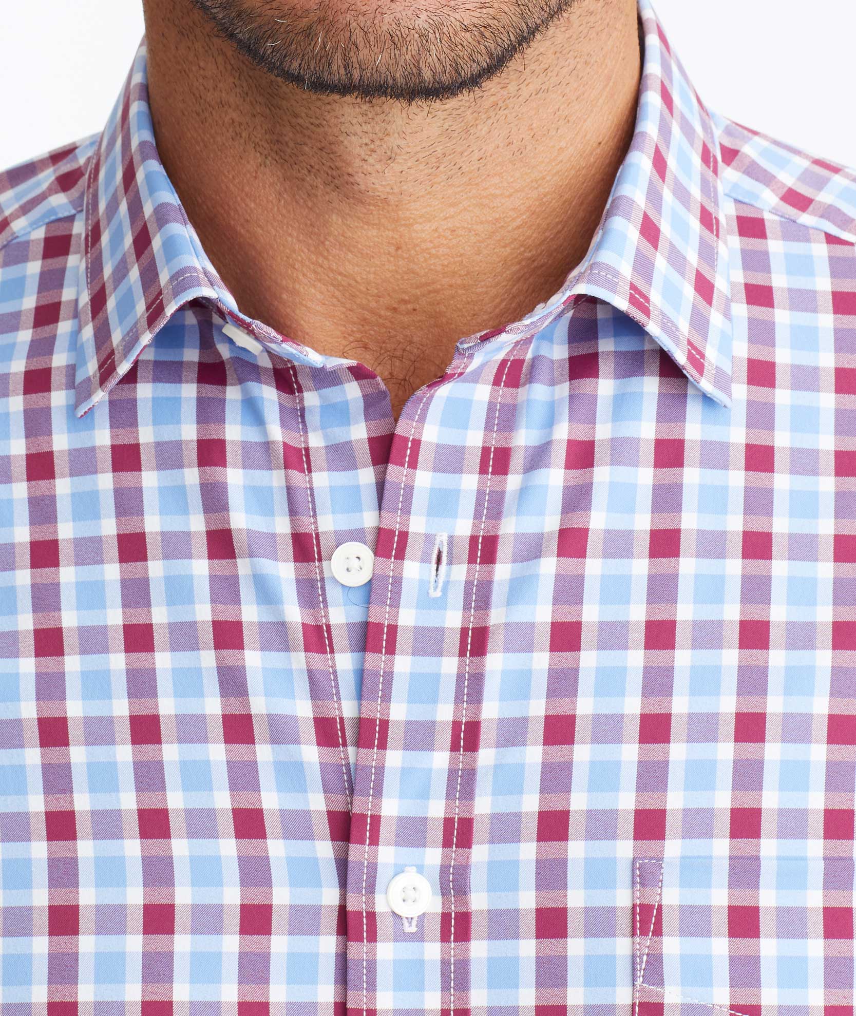 Model wearing a Light Blue Wrinkle-Free Performance+ Short-Sleeve Hopler Shirt