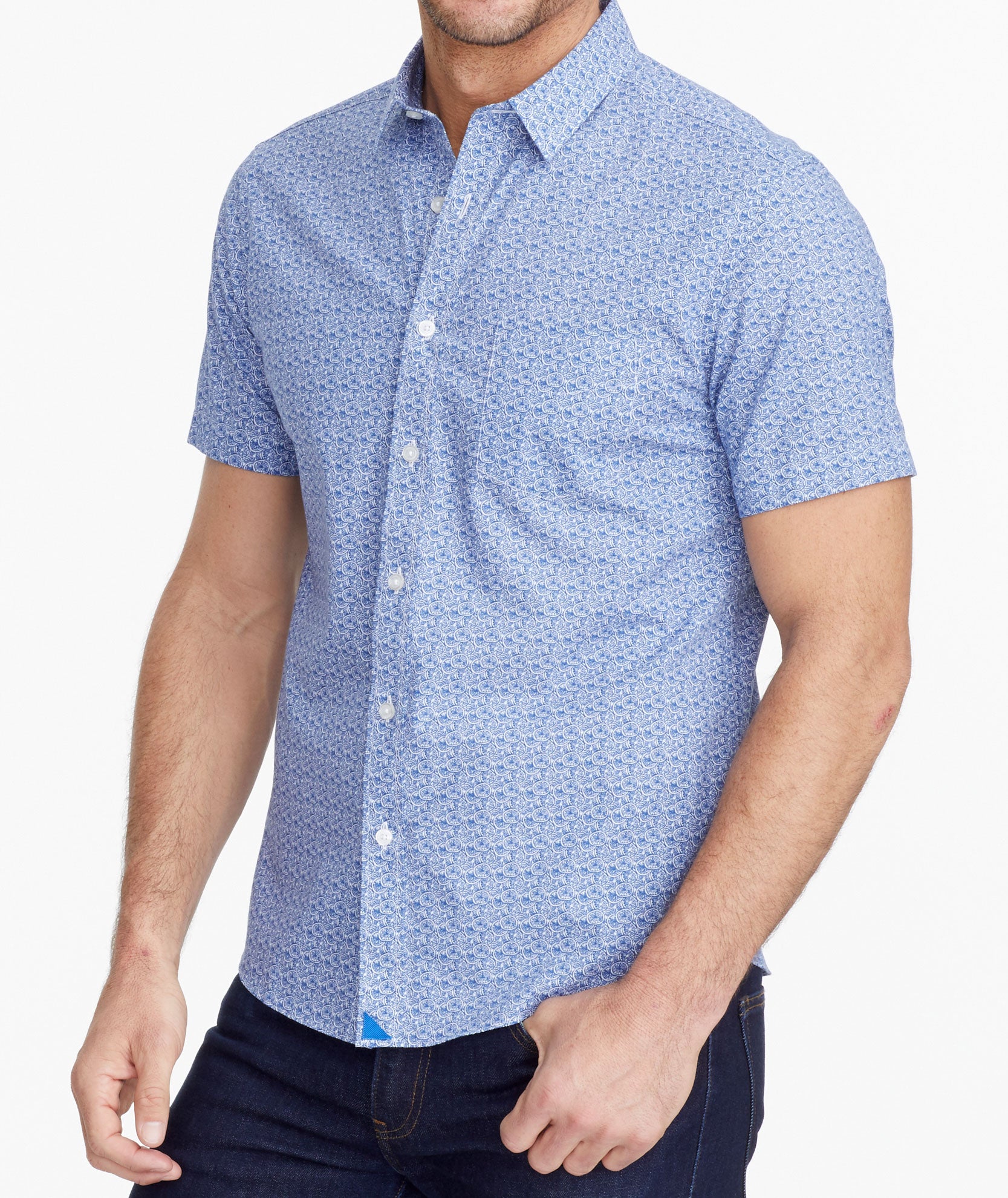 Model wearing a Blue Classic Cotton Short-Sleeve Tavira Shirt